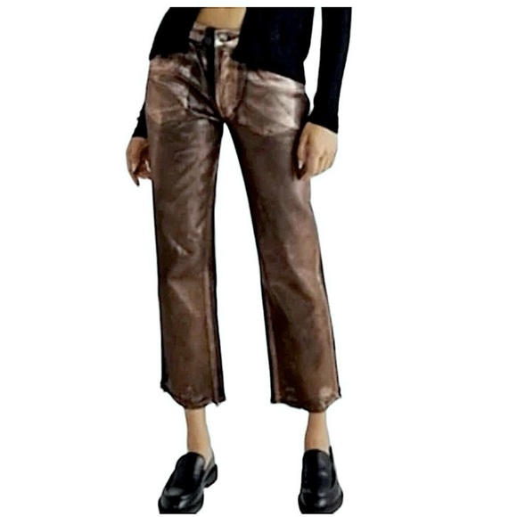 🔆Free People We the Free Maggie Metallic Coated Mocha Brown Jeans - Picture 9 of 9